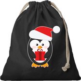 1x Kerst Pinguin cadeauzakje zwart met sluitkoord - katoenen / jute zak - Kerst cadeauverpakking zakjes