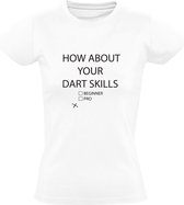 Dart Skills | Dames T-shirt | Wit | Beginner | Pro | Kampioen | Techniek | Bar | Kroeg