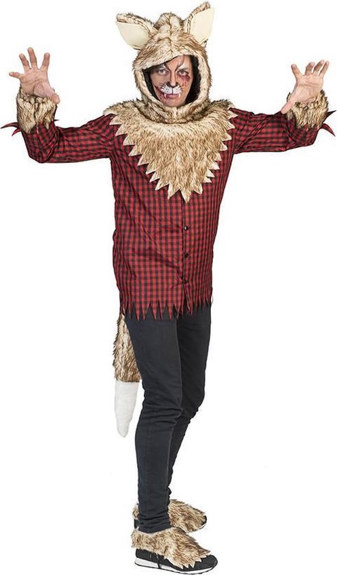 Funny Fashion - Weerwolf Kostuum - Waanzinnig Hongerige Weerwolf - Man - Rood, Bruin - Maat 52-54 - Halloween - Verkleedkleding