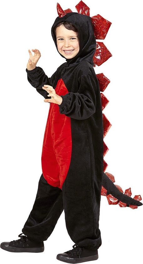 Widmann - Draak Kostuum - Zwarte Pluche Draak Roodbuik - Jongen - Rood, Zwart - Maat 116 - Halloween - Verkleedkleding