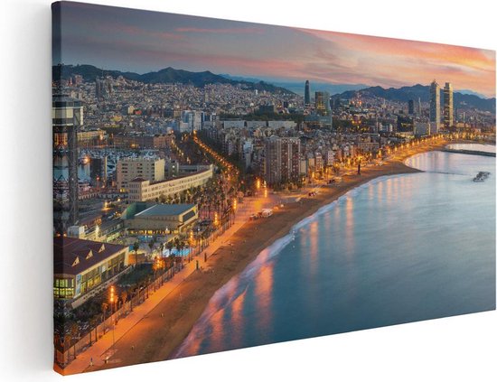 Artaza Canvas Schilderij Barcelona Strand met Stad bij Zonsondergang - 120x60 - Groot - Foto Op Canvas - Canvas Print
