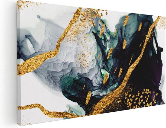 Artaza Canvas Schilderij Abstracte Kunst - Zwart Wit met Gouden Strepen - 100x50 - Groot - Foto Op Canvas - Canvas Print