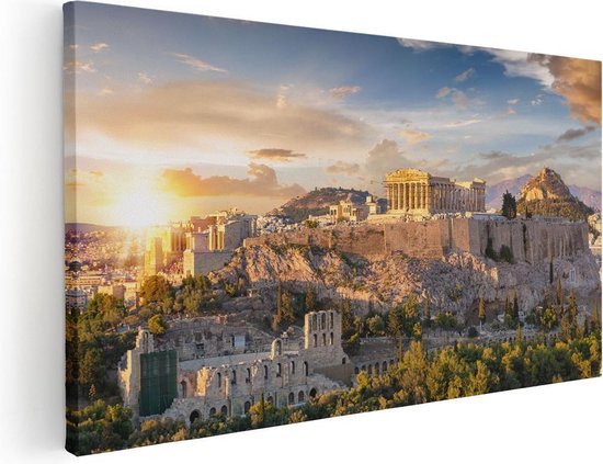 Artaza Canvas Schilderij Akropolis - 60x30 cm - Wanddecoratie Griekenland - Muurdecoratie Stad - Kamer Accessoires Zonsondergang
