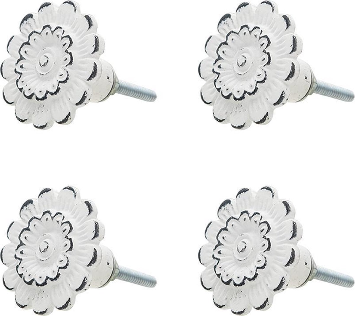 Clayre & Eef Deurknop Set van 4 Ø 4 cm Wit Ijzer Bloem Meubelknop Kastknop