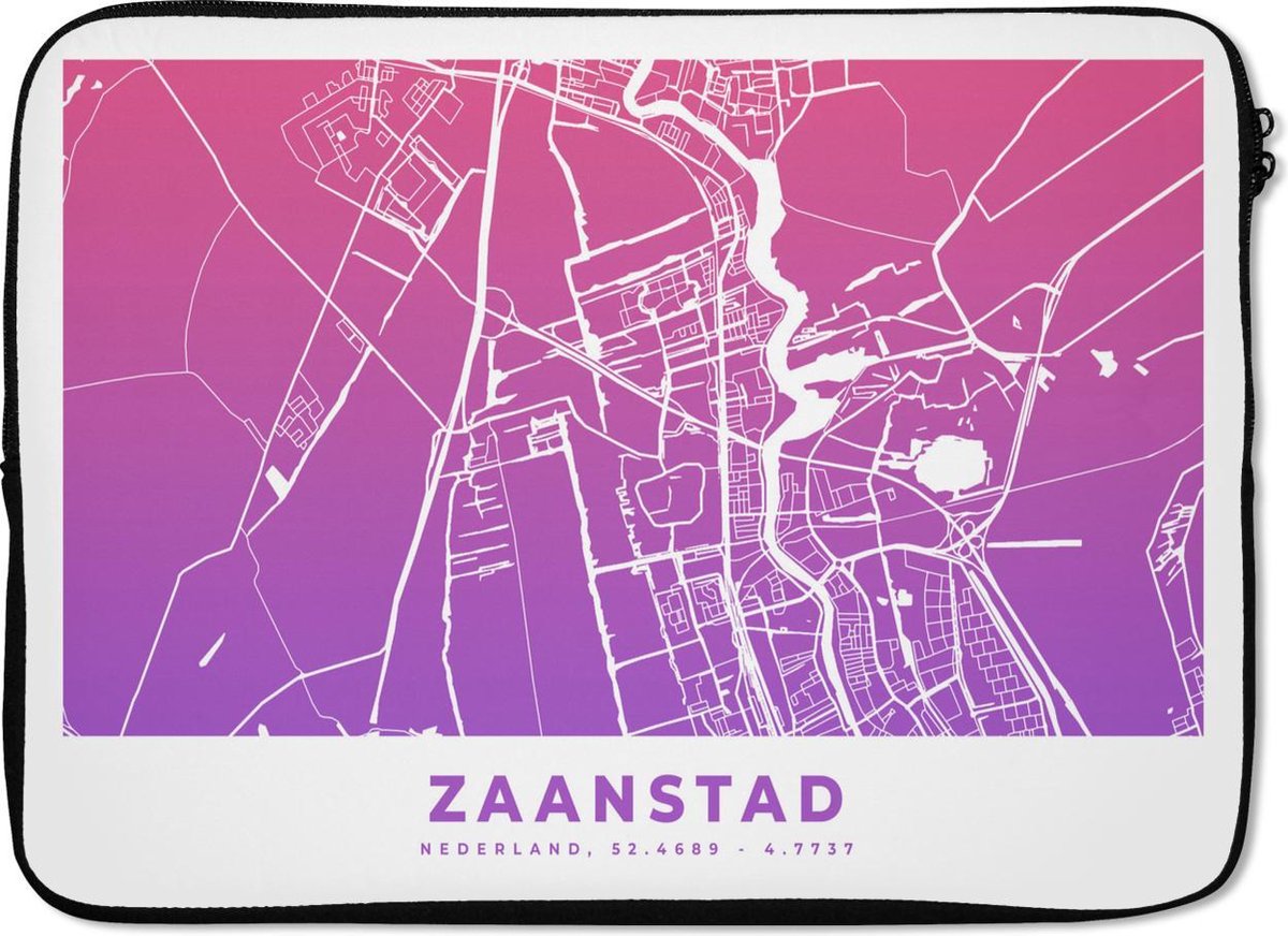 Laptophoes 13 inch - Stadskaart - Zaanstad - Paars - Laptop sleeve - Binnenmaat 32x22,5 cm - Zwarte achterkant