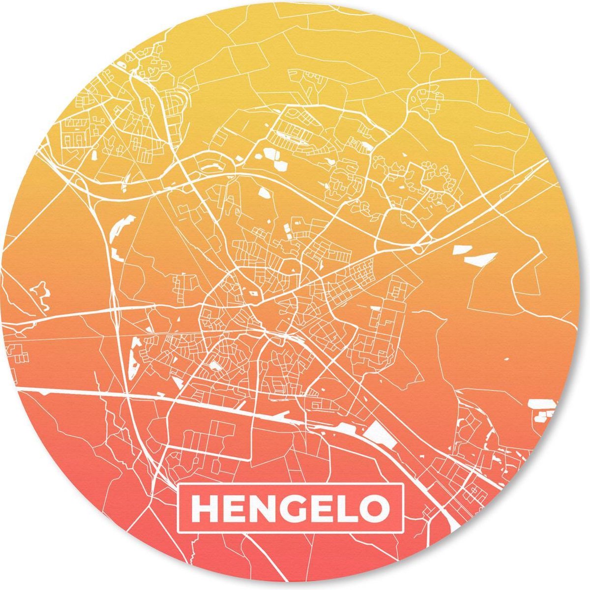 Muismat rond 20x20 cm - Mousepad Stadskaart - Hengelo - Nederland - Geel - Ronde muismatten