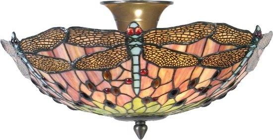 Plafondlamp Tiffany Ø 40*23 cm E14/max 2*40W Roze Metaal, Glas HalfRond Libelle Plafonniere