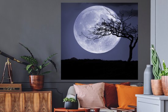 Muurstickers - Sticker Folie - Maan - Boom - Zwart - 120x120 cm - Plakfolie - Muurstickers Kinderkamer - Zelfklevend Behang XXL - Zelfklevend behangpapier - Stickerfolie