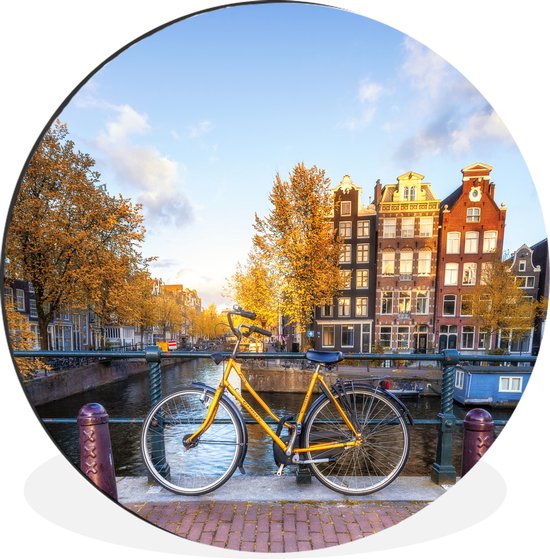 Wandcirkel - Muurcirkel - Fiets voor de gracht met uitzicht op Amsterdamse architectuur - Aluminium - Dibond - ⌀ - Binnen en Buiten