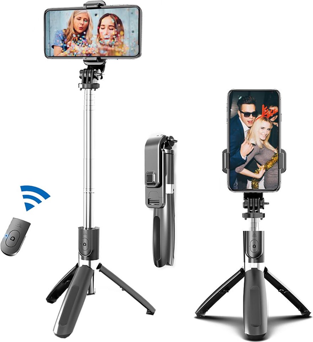 Noiller 3-in-1 Telescopische Selfie Stick - Selfiestick iPhone - Selfiestick Universeel - Tripod - Bluetooth - afstandsbediening – 1 Meter