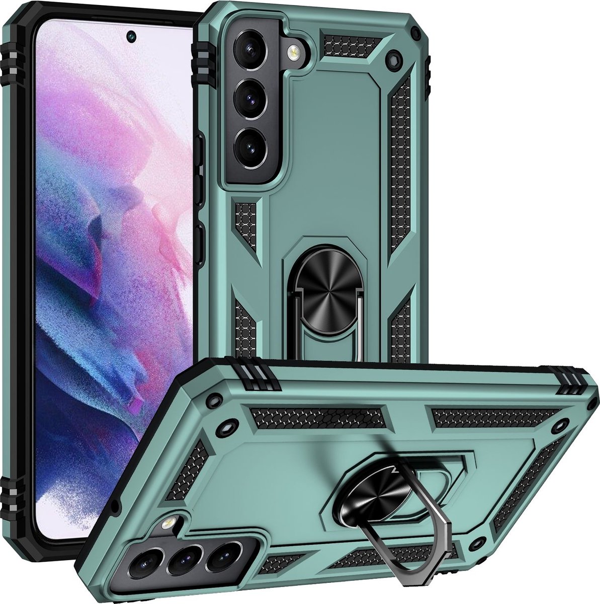 Mobigear Hoesje geschikt voor Samsung Galaxy S22 Telefoonhoesje Hardcase | Mobigear Armor Ring Backcover Shockproof met Ringhouder | Schokbestendig Galaxy S22 Telefoonhoesje | Anti Shock Proof - Groen