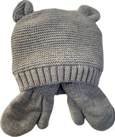 Set Warme baby Muts + handschoen met koord 0-6 maanden: Kleur Grijs