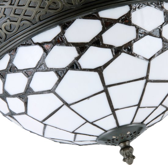 LumiLamp Plafondlamp Tiffany Ø 38x19 cm Wit Bruin Glas Halfrond Plafonniere - Lumilamp