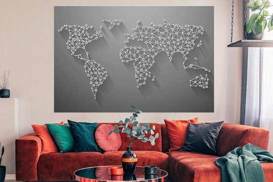 Affiche Mappemonde Witte avec points et lignes - noir et blanc - 180x120 cm XXL