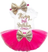 3-delig tweede verjaardags setje wit, goud en hot pink Elegant - 2 - verjaardag - kinderkleding