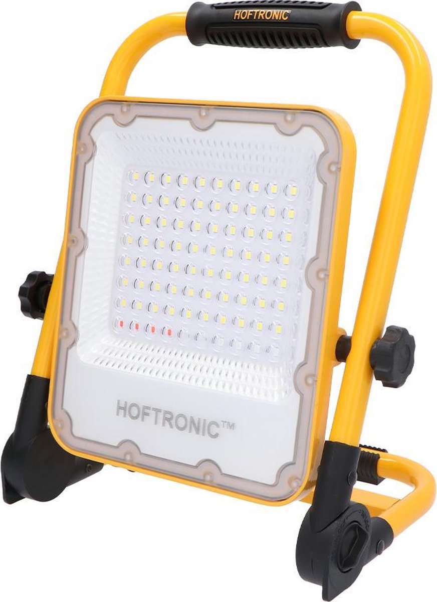 HOFTRONIC LED Bouwlamp Accu - 50 Watt 1500 Lumen - 6400K Daglicht wit - Verstelbare werklamp LED oplaadbaar - 4 lichtstanden incl. gevarenlicht - IP65 Waterdicht - tot 12 uur licht op één lading - Acculamp