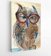 Canvas schilderij - Wise Owl with big eyes in glasses animal watercolor painting poster colored print textile pattern wallpaper background artwork hand drawn illustration -  194473