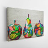 Canvas schilderij - Wooden apples and pear painted by hand. Handmade, contemporary art  -     336050681 - 115*75 Horizontal