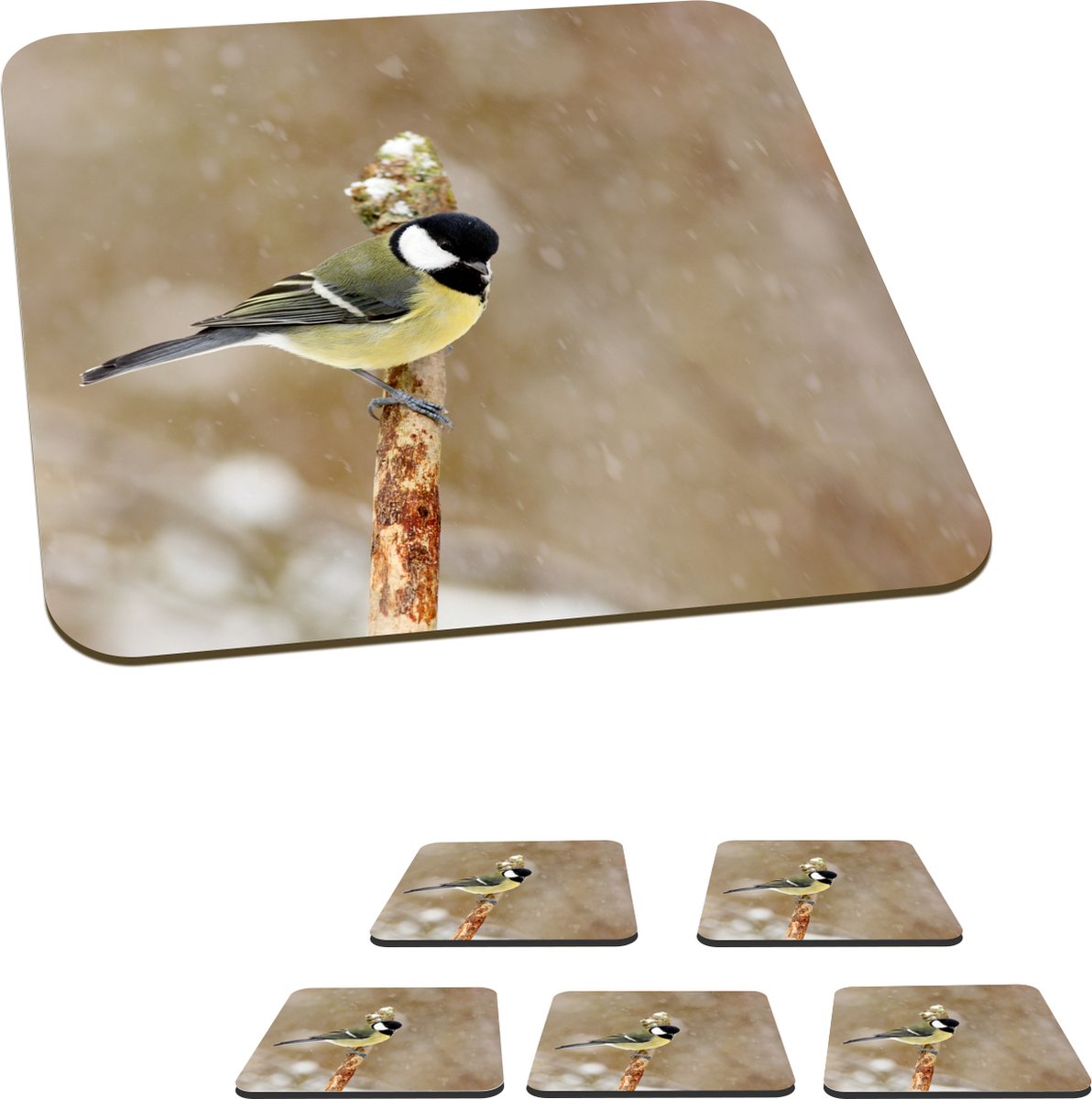 Onderzetters voor glazen - Koolmees in de sneeuw - 10x10 cm - Glasonderzetters - 6 stuks