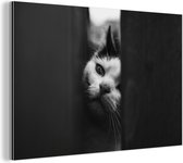 Wanddecoratie Metaal - Aluminium Schilderij Industrieel - Dierenprofiel spiekende kat in zwart-wit - 150x100 cm - Dibond - Foto op aluminium - Industriële muurdecoratie - Voor de woonkamer/slaapkamer