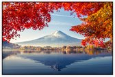 Ochtendmist bij het Kawaguchiko meer bij Mount Fuji in Japan - Foto op Akoestisch paneel - 90 x 60 cm