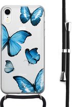 iPhone XR hoesje met koord - Blauwe vlinders | Apple iPhone XR crossbody case | Zwart, Transparant | Geen opdruk
