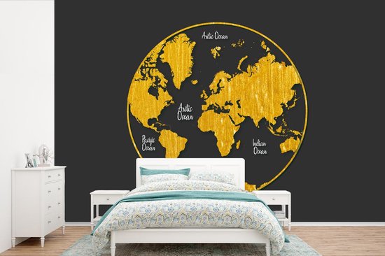 Papier peint photo vinyle - Carte du monde ronde et dorée sur fond gris largeur 360 cm x hauteur 240 cm - Tirage photo sur papier peint (disponible en 7 tailles)
