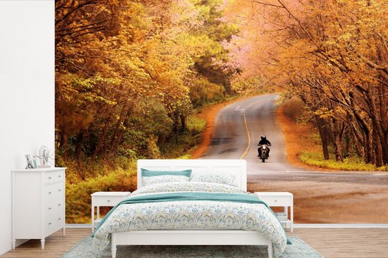 Behang – Fotobehang Motor tussen de herfstbomen – Breedte 330 cm x hoogte 220 cm