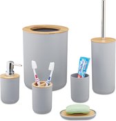Relaxdays 6-delige badkameraccessoires set bamboe - badkamerset - toilet set - accessoires - grijs