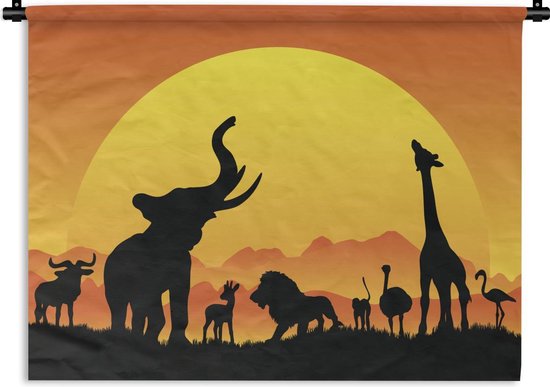 Tapisserie Afrique illustration - Illustration d'animaux africains au soleil couchant Tapisserie coton 150x112 cm - Tapisserie avec photo