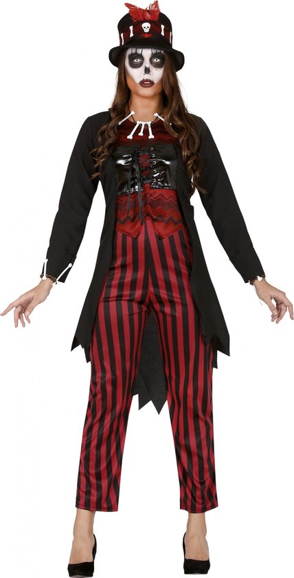 FIESTAS GUIRCA Costume De Pom-pom Girl Arlequin Rouge Et Noir - Déguisement D'Halloween Méchant Clown Arlequin Femme Taille 38-40 M