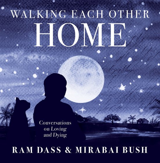 Boekcover met silhouet van een man en kat, kijkend naar de maan en sterren. Titel: Walking Each Other Home.
