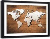Foto in frame , Wereld op houten plank , 120x80cm , bruin beige , wanddecoratie
