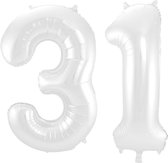 De Ballonnenkoning - Folieballon Cijfer 31 Wit Metallic Mat - 86 cm