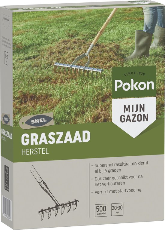 Pokon 'Mijn Gazon' graszaad verpakking met hark en groene grasachtergrond.