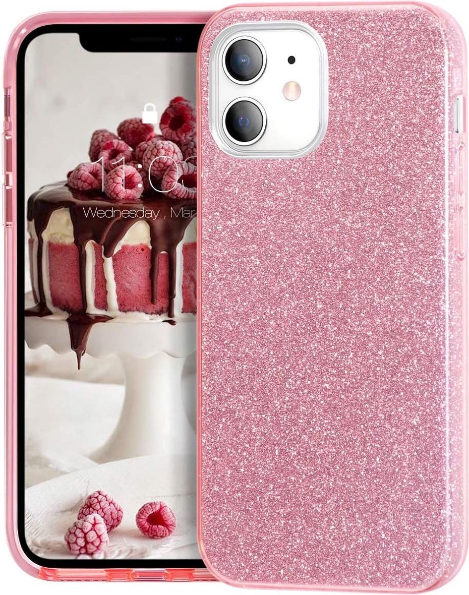 Geschikt voor Apple iPhone 12 Backcover - Roze - Glitter Bling Bling - TPU case