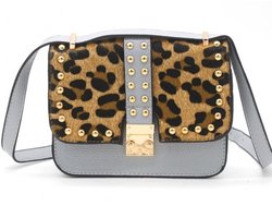 Luxe Schoudertas Dames  - met Stevige Band en Veilige Sluiting   - Schoudertassen Vrouw - Tassen - Crossbody Tas - Klein Schoudertasje  - van Hoogwaardig PU Leer  - Panterprint   met Studs  Grijs  20x20x6 cm
