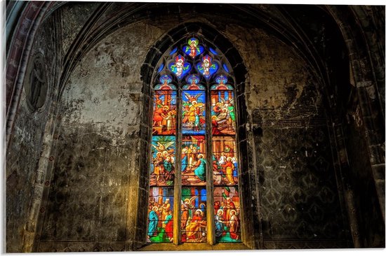 Acrylglas - Kerk met Glas-in-lood Raam - 60x40cm Foto op Acrylglas (Wanddecoratie op Acrylglas)