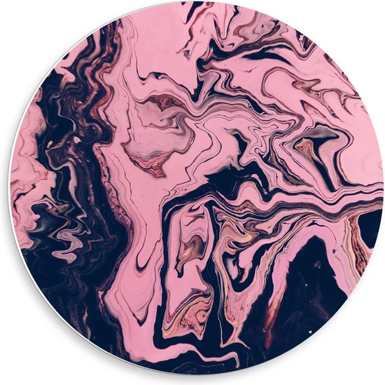 Forex Wandcirkel - Abstracte Kunst Roze/Zwart - 50x50cm Foto op Wandcirkel (met ophangsysteem)