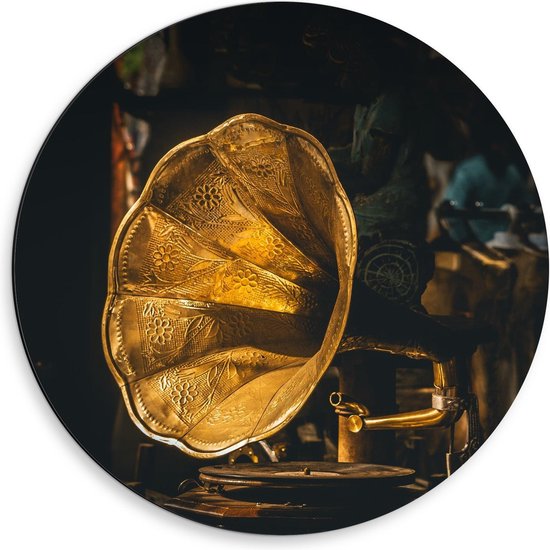 Dibond Wandcirkel - Gouden Grammofoon - 50x50cm Foto op Aluminium Wandcirkel (met ophangsysteem)