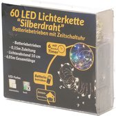 Draadverlichting zilver met gekleurde LED lampjes 6 meter op batterijen met timer - Kerstverlichting lichtsnoeren