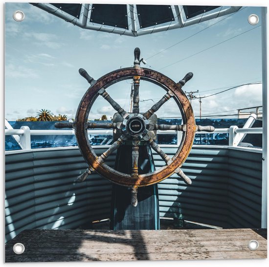 Tuinposter – Verroest Stuur van Schip met Blauwe Lucht - 50x50cm Foto op Tuinposter  (wanddecoratie voor buiten en binnen)