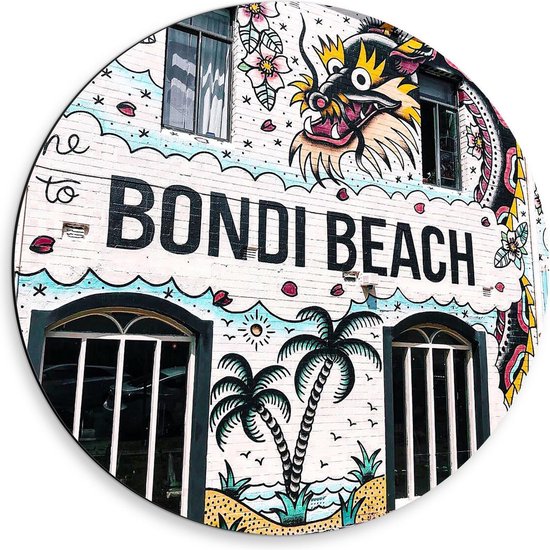 Dibond Wandcirkel - ''Bondi Beach'' Gebouw - 50x50cm Foto op Aluminium Wandcirkel (met ophangsysteem)