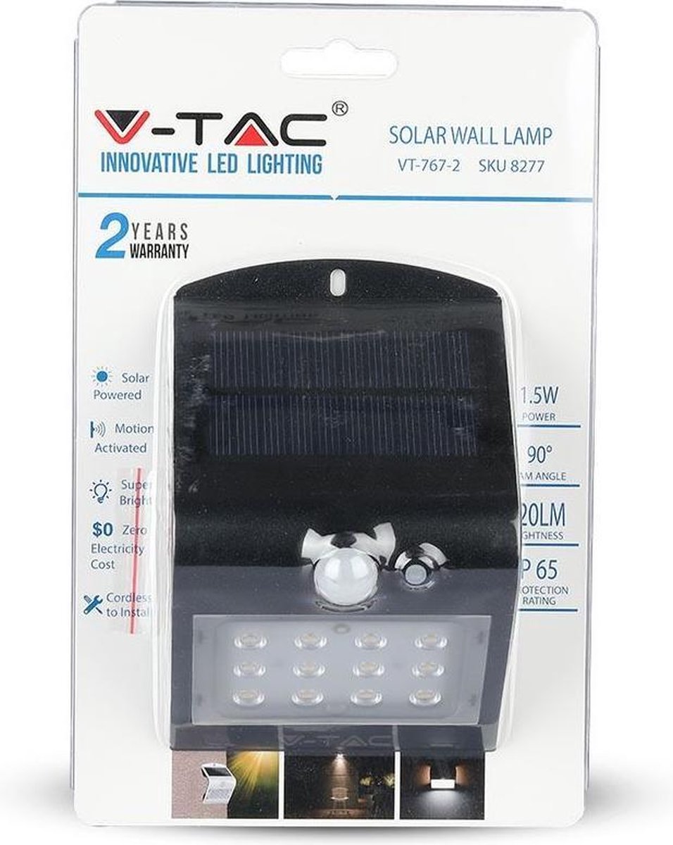 V-TAC VT-767-2 1.5W LED solaire wall light externe IP65 + capteur PIR