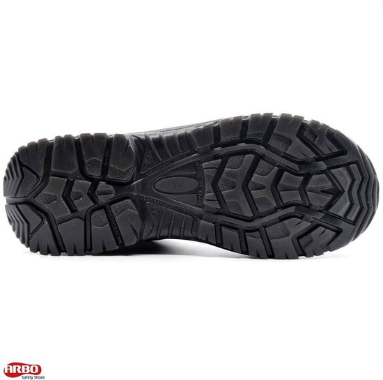 Zwarte buitenzool met grof profiel en het 'ARBO SAFETY SHOES' logo.