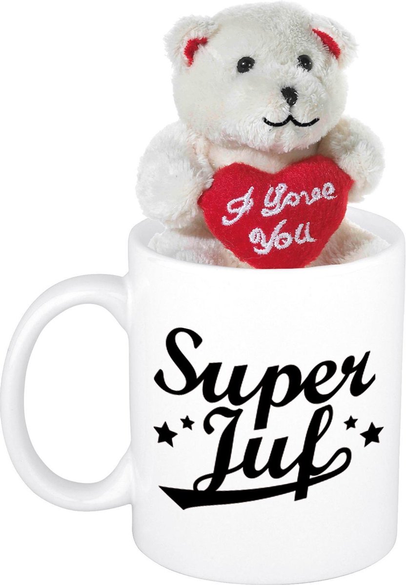 Juffendag cadeau Super juf beker / mok 300 ml met beige knuffelbeertje met love hartje - Bedankt Juf cadeautje