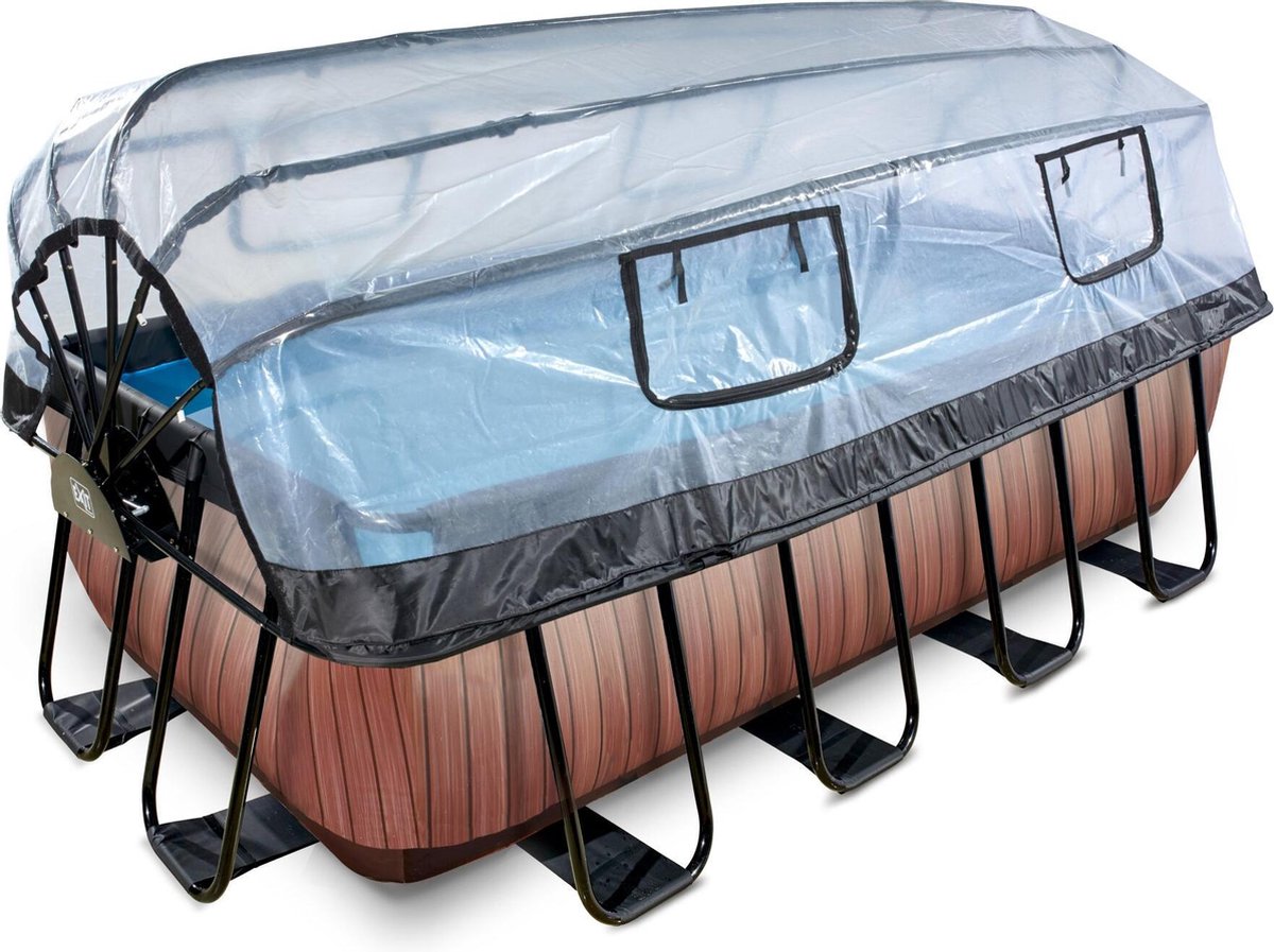 EXIT Wood zwembad 400x200x122cm met zandfilterpomp en overkapping - bruin