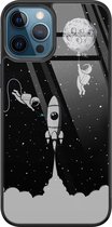iPhone 12 hoesje glas - Space shuttle - Hard Case - Zwart - Backcover - Sterren - Zwart