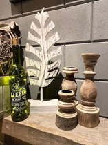 Cadeaupakket  /  Houten veer/blad white + 3x houten kandelaar S-M-L + Fles met de tekst Thuis is waar liefde woont en herinneringen ontstaan   / moederdag / verjaardag / kerstmis