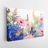 Amazing background with hydrangeas and daisies. Yellow and blue flowers on a white blank. Floral card nature. bokeh butterflies. - Modern Art Canvas - Horizontal - 524287114 - 80*6